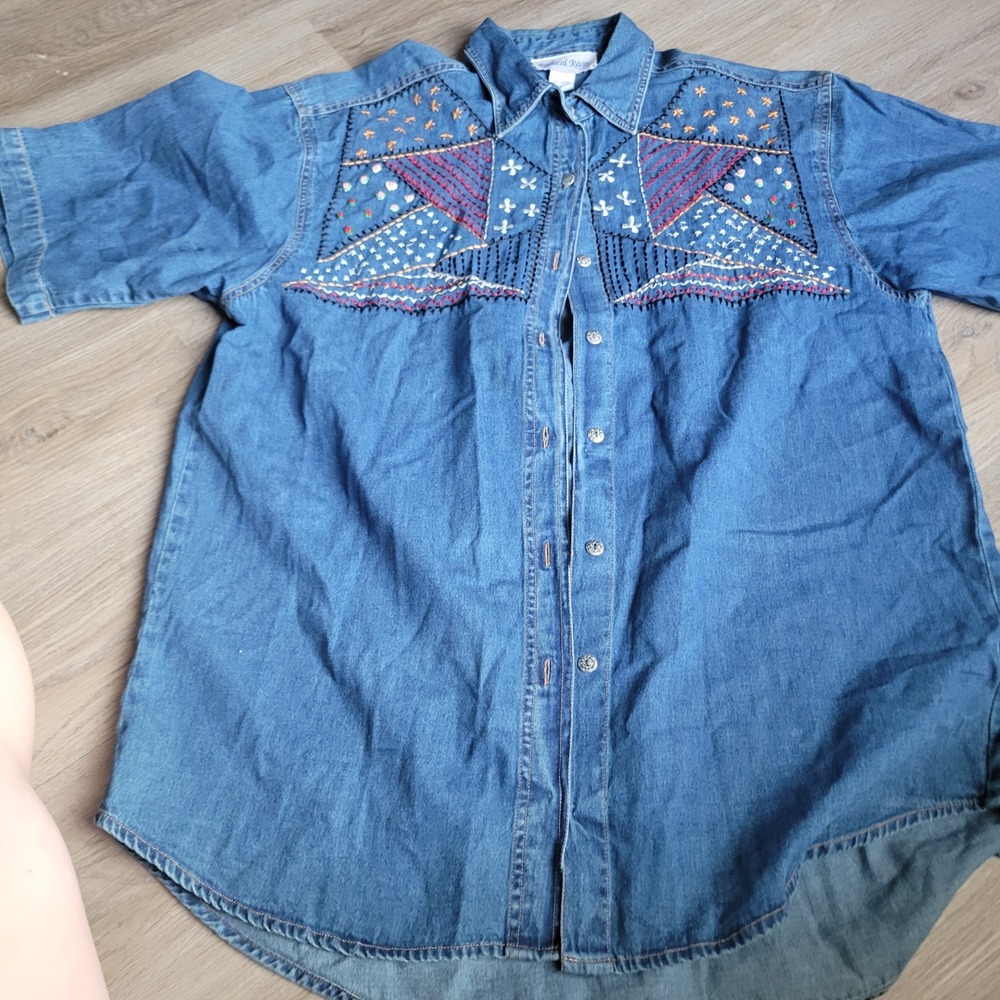 Radical Rags Womens Denim Shirt L Blue Cotton Embroidered Western Boho Short Slv